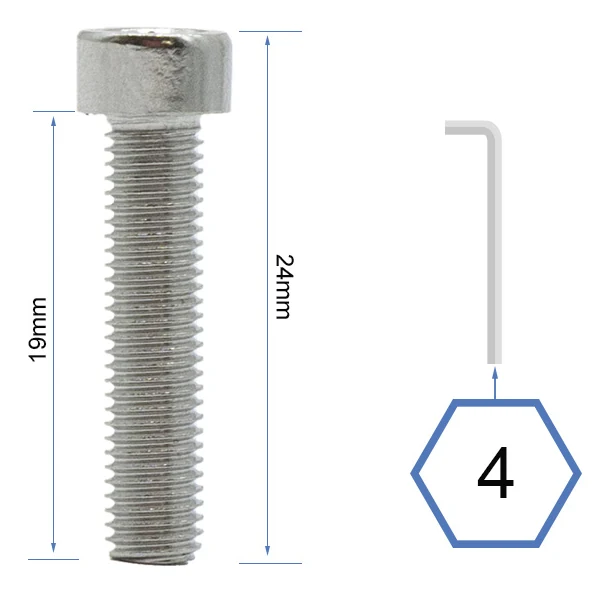 Vis de jante cotée 19 mm sous tête et 24 mm hors tout avec une clé Allen de 4 mm