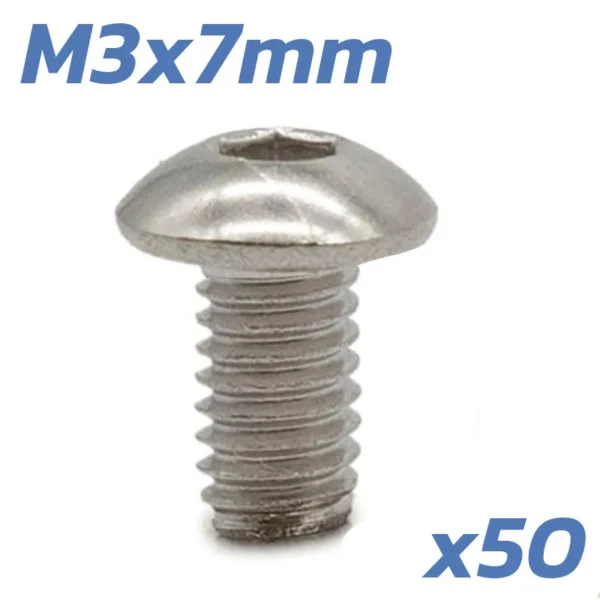 Vis cotée M3 x 7 mm à tête bombée, avec la mention x50 rappelant la quantité du lot Vis cotée M3 x 7 mm à tête bombée, avec la mention x50 rappelant la quantité du lot