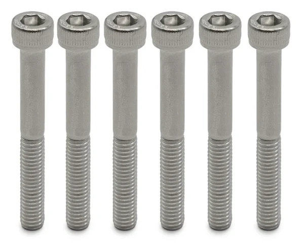Six vis à tête cylindrique six pans creux alignées, tige lisse sous la tête puis filetée Six vis à tête cylindrique six pans creux alignées, tige lisse sous la tête puis filetée