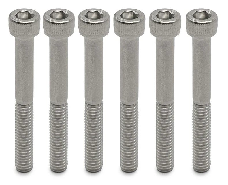 Six vis à tête cylindrique six pans creux alignées, tige lisse sous la tête puis filetée