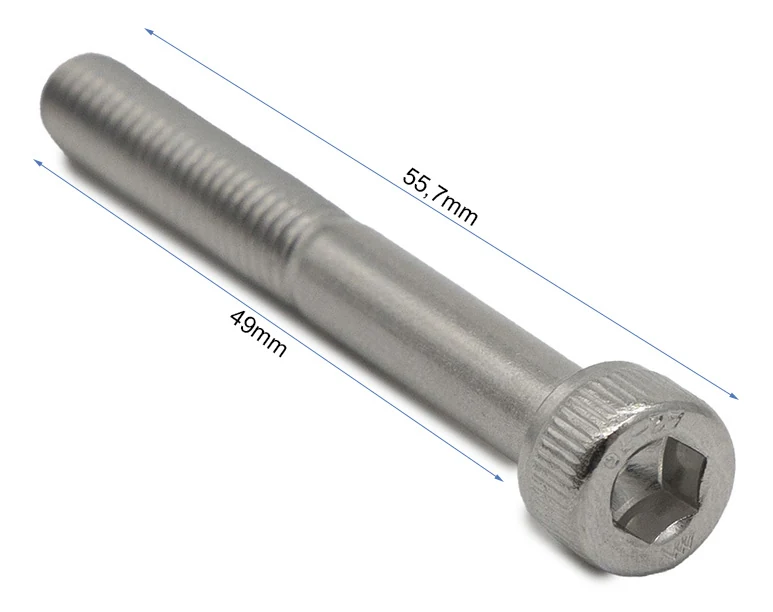 Plan coté de la vis : 55,7 mm hors tout et 49 mm sous tête