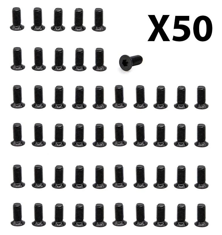 Cinquante vis noires à tête fraisée disposées en grille, avec la mention X50