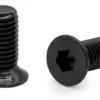 Deux vis noires de près : tête fraisée plate et empreinte six pans creux