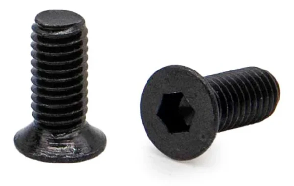 Deux vis noires de près : tête fraisée plate et empreinte six pans creux