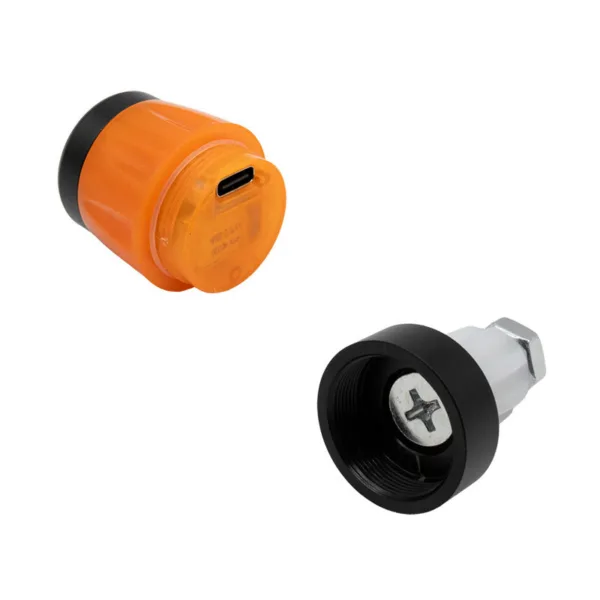 Port de charge USB-C visible quand la tête lumineuse du clignotant est dévissée Port de charge USB-C visible quand la tête lumineuse du clignotant est dévissée