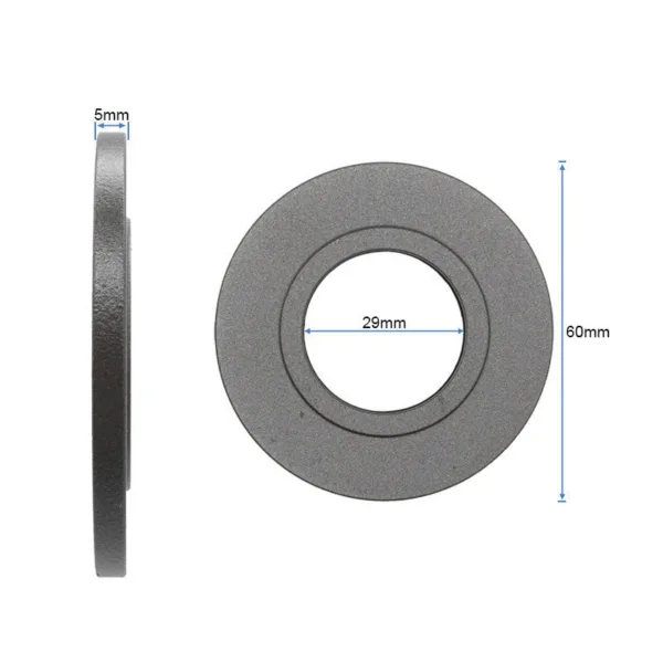 Disque plat gris du jeu de direction, de profil et de face, coté à 5 mm d'épaisseur, 29 mm d'alésage et 60 mm de diamètre