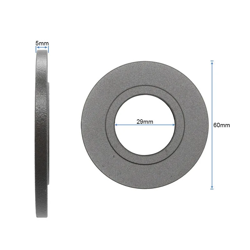 Disque plat gris du jeu de direction, de profil et de face, coté à 5 mm d'épaisseur, 29 mm d'alésage et 60 mm de diamètre