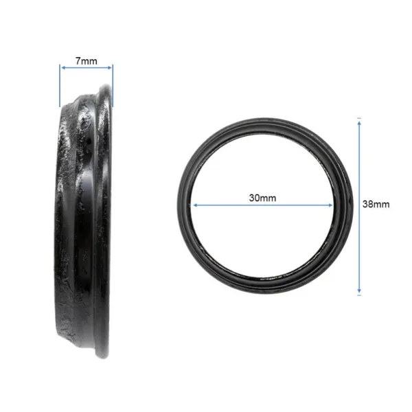 Joint noir du jeu de direction, de profil et de face, coté à 7 mm de hauteur, 30 mm intérieur et 38 mm extérieur