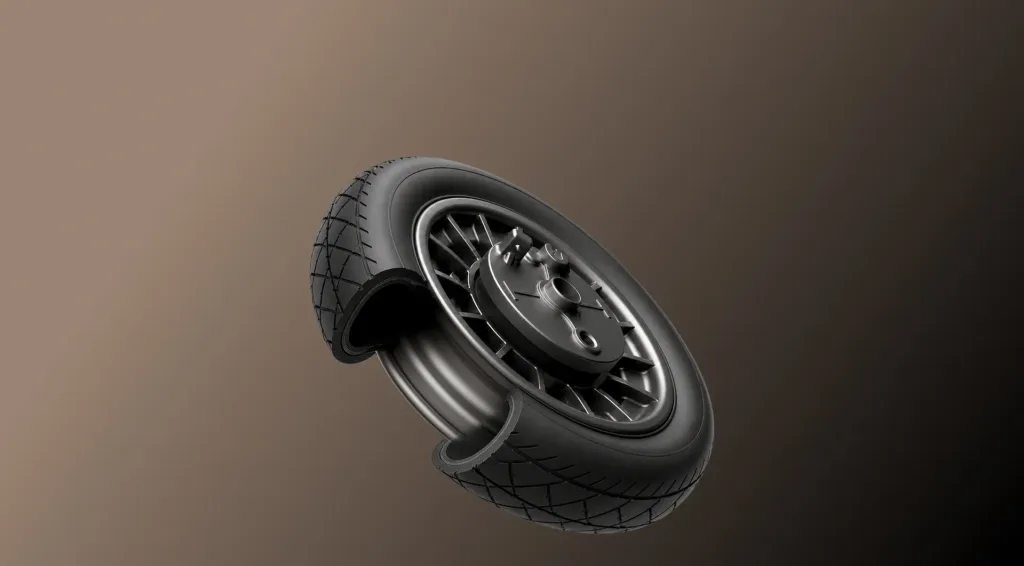 NAVEE V45i — détail du pneu 10 pouces tubeless, en coupe