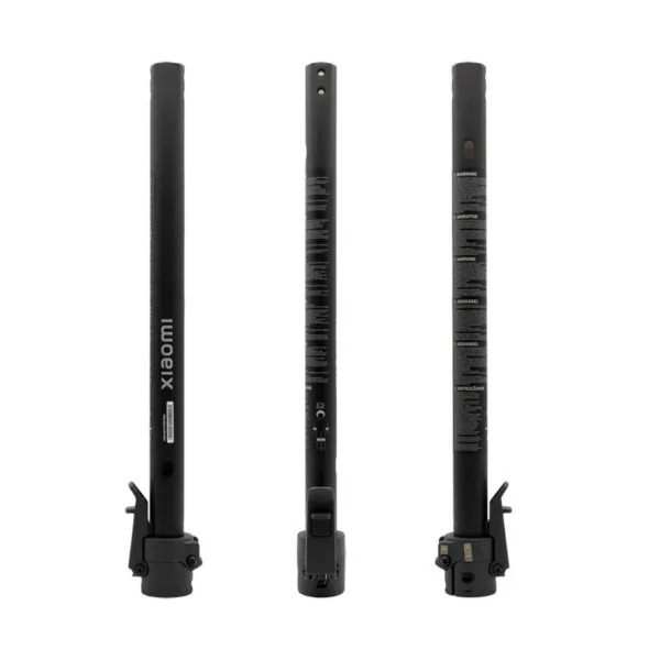 Tube noir de la potence Xiaomi Mi4 vu sous trois angles, logo xiaomi et autocollants d'avertissement