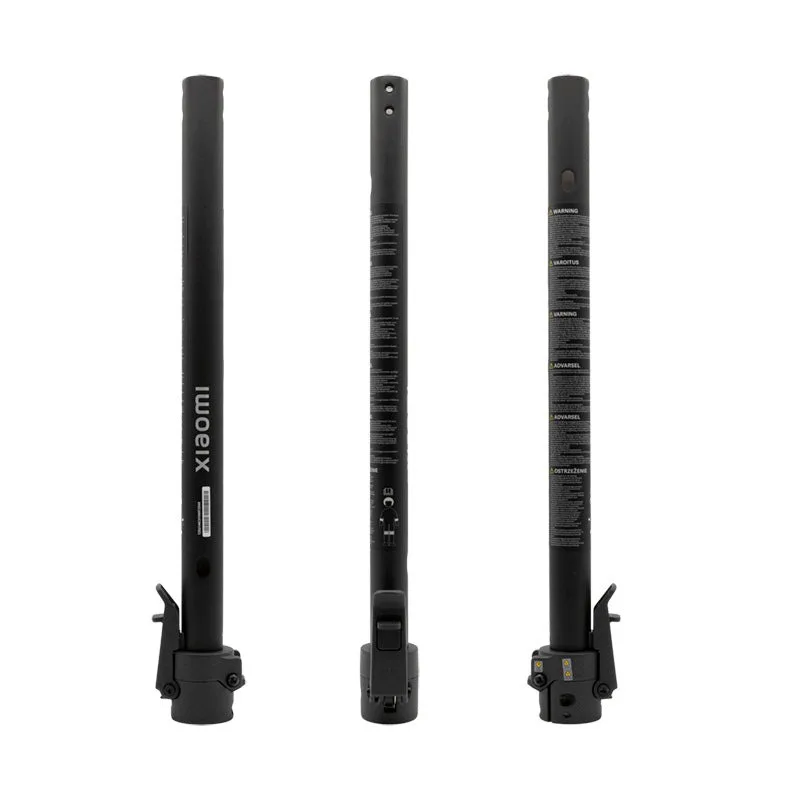 Tube noir de la potence Xiaomi Mi4 vu sous trois angles, logo xiaomi et autocollants d'avertissement