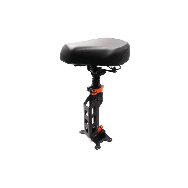 Siège Kukirin G2 Pro vu de trois quarts, collier de serrage rapide et bras de fixation à platine