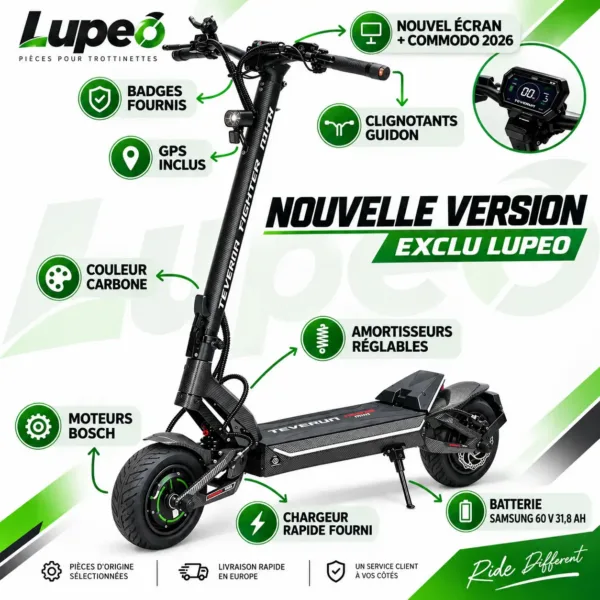 Teverun Fighter Mini Pro à l’aspect carbone : moteurs Bosch, écran TFT et clignotants au guidon