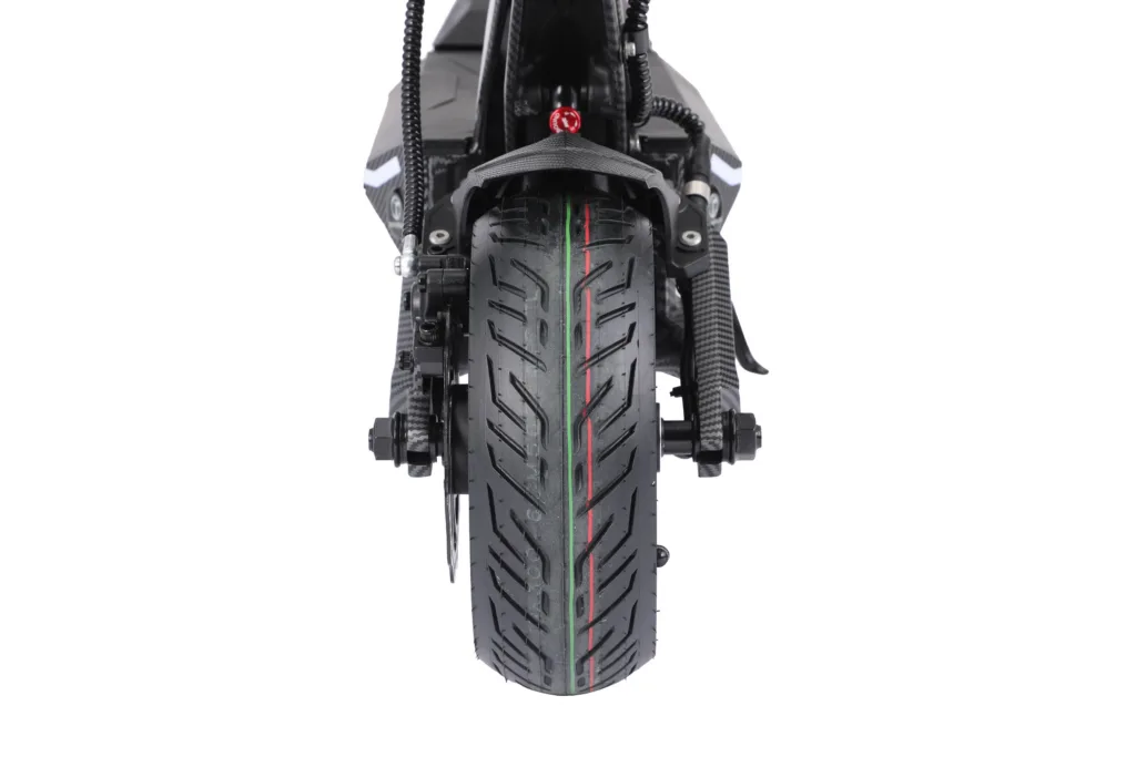 Train avant de la Teverun Fighter Mini Pro : suspension à molette rouge et pneu 10 pouces
