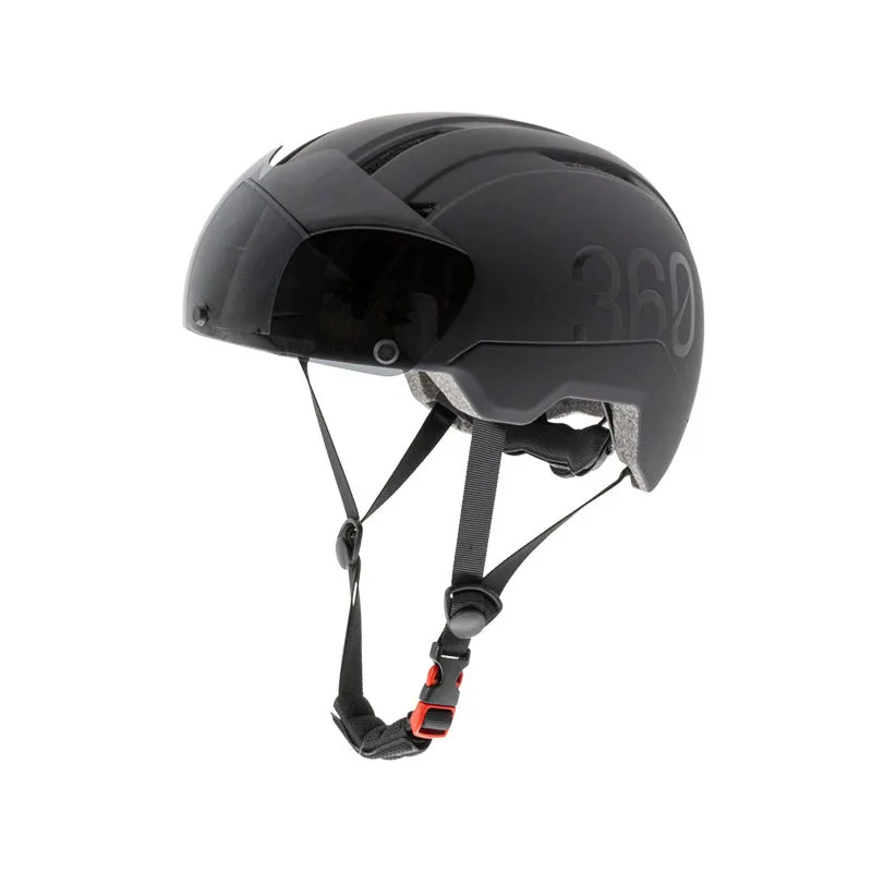 Casque eRIDER360 COVEX Sport noir vu de trois quarts avant, visière fumée relevée, boucle rouge et marquage 360 sur la coque