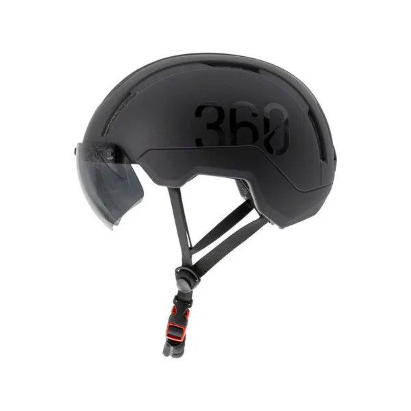 Casque eRIDER360 COVEX Sport noir vu de profil, visière fumée baissée devant les yeux, marquage 360 ton sur ton sur la coque Casque eRIDER360 COVEX Sport noir vu de profil, visière fumée baissée devant les yeux, marquage 360 ton sur ton sur la coque