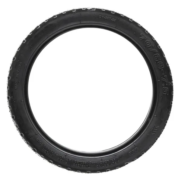 Flanc du pneu tubeless 70/60-7,5 version avec gel : dimension, TUBELESS, charge maximale 100 kg à 340 kPa et flèche de rotation Flanc du pneu tubeless 70/60-7,5 version avec gel : dimension, TUBELESS, charge maximale 100 kg à 340 kPa et flèche de rotation
